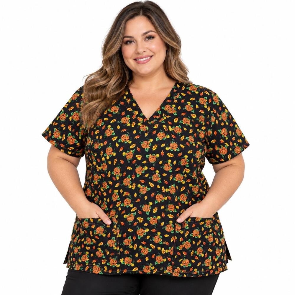 Tunic Blouse Womens 3XL Black Halloween Pumpkin Print V Neck Pockets Top